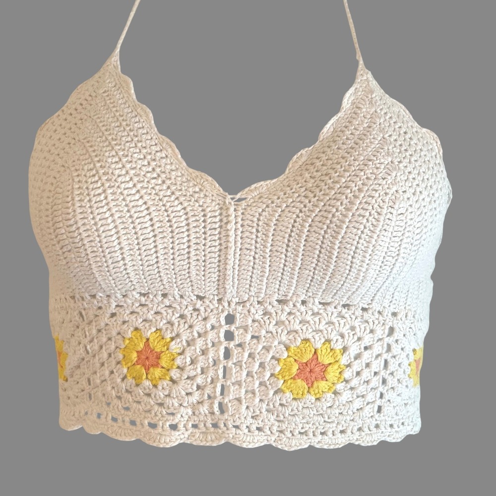 Aerie Crochet Halter Top S Daisy Hippie Boho Festival Ren Faire Summer 70s Fairy